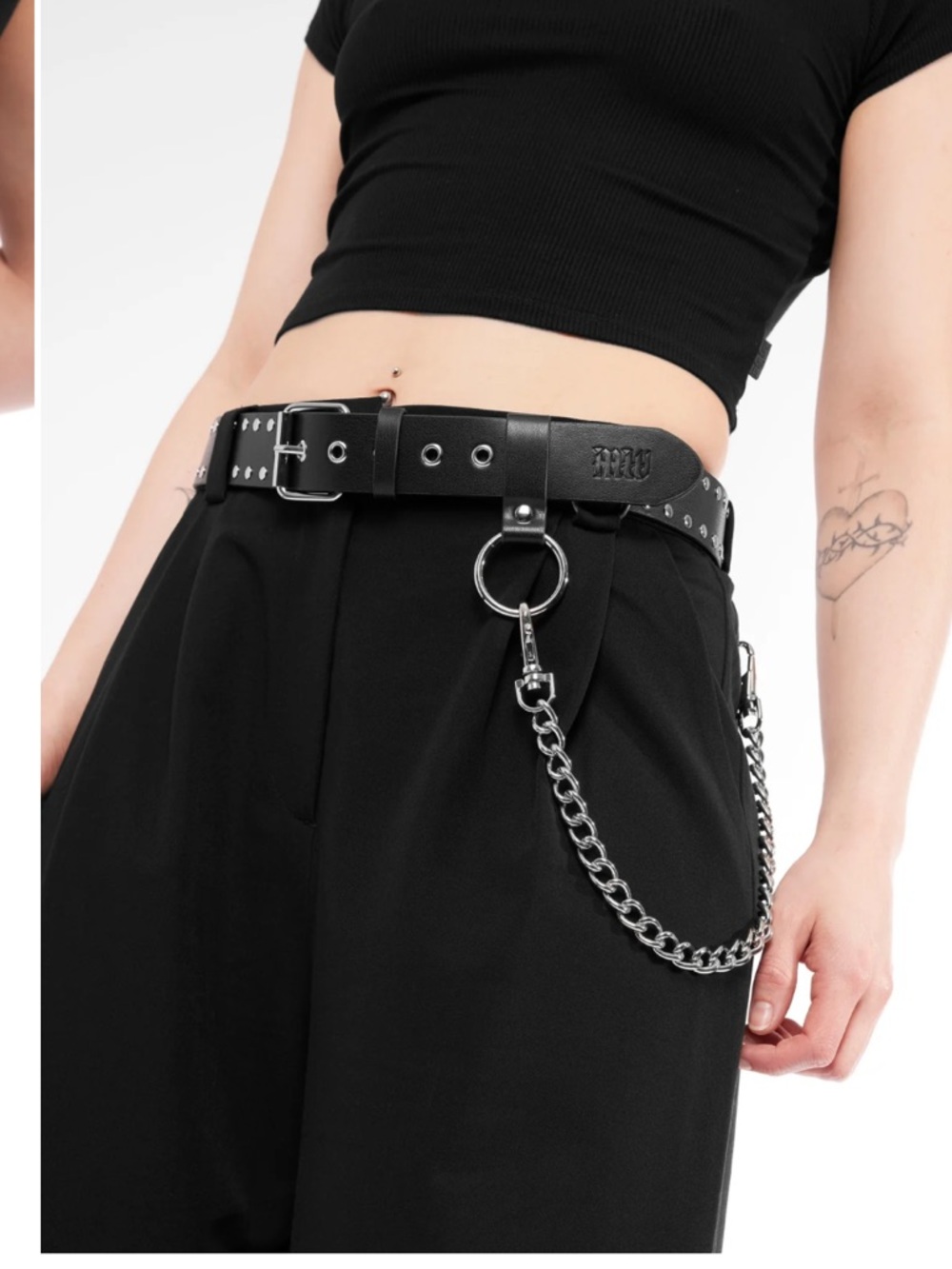 Studded Black Leather Belt with Chain Accent